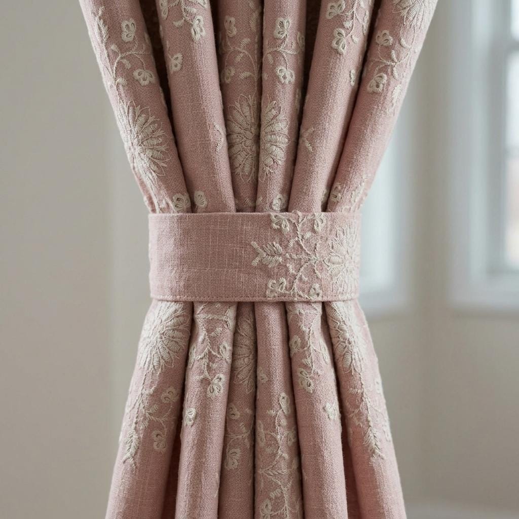 Blush Pink Linen Embroidered Curtains, Ivory Floral Medallion Drapes, Custom Blackout Farmhouse Curtain Panels — image 4
