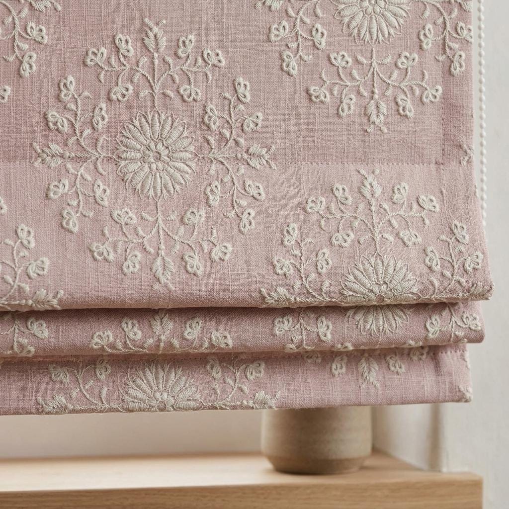 Blush Pink Linen Roman Shade, Ivory Embroidered Floral Medallion Blind, Custom Blackout Corded Window Treatment — image 1