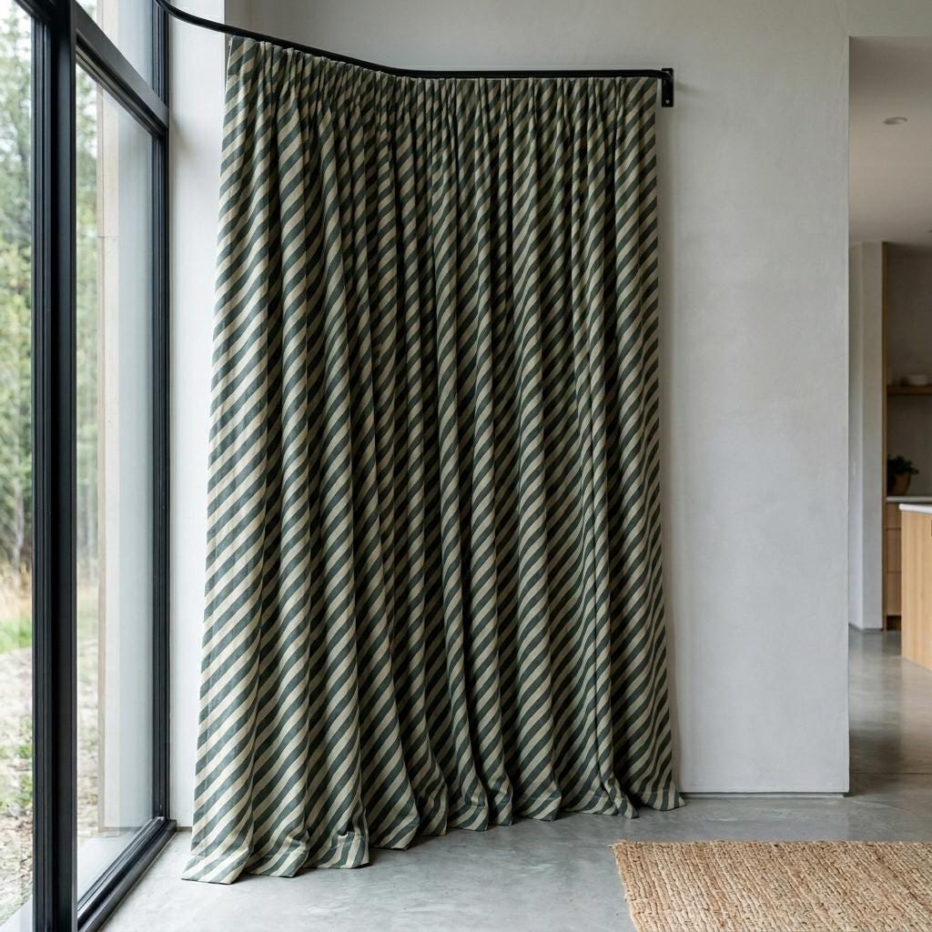 Blue Green Stripe Linen Curtains, Heavy Pure Linen Drapes, Slate Teal Diagonal Striped Blackout or Cotton Lined Curtain — image 6