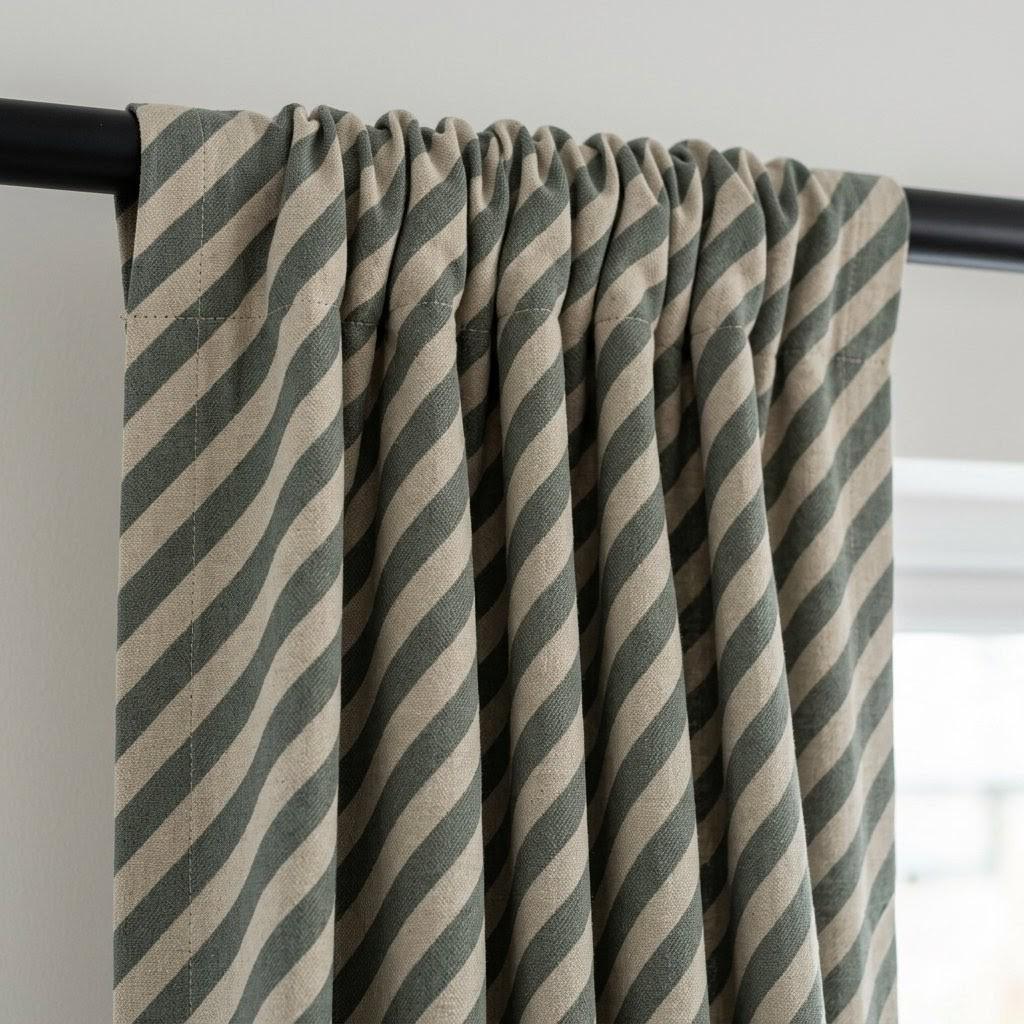 Blue Green Stripe Linen Curtains, Heavy Pure Linen Drapes, Slate Teal Diagonal Striped Blackout or Cotton Lined Curtain — image 7