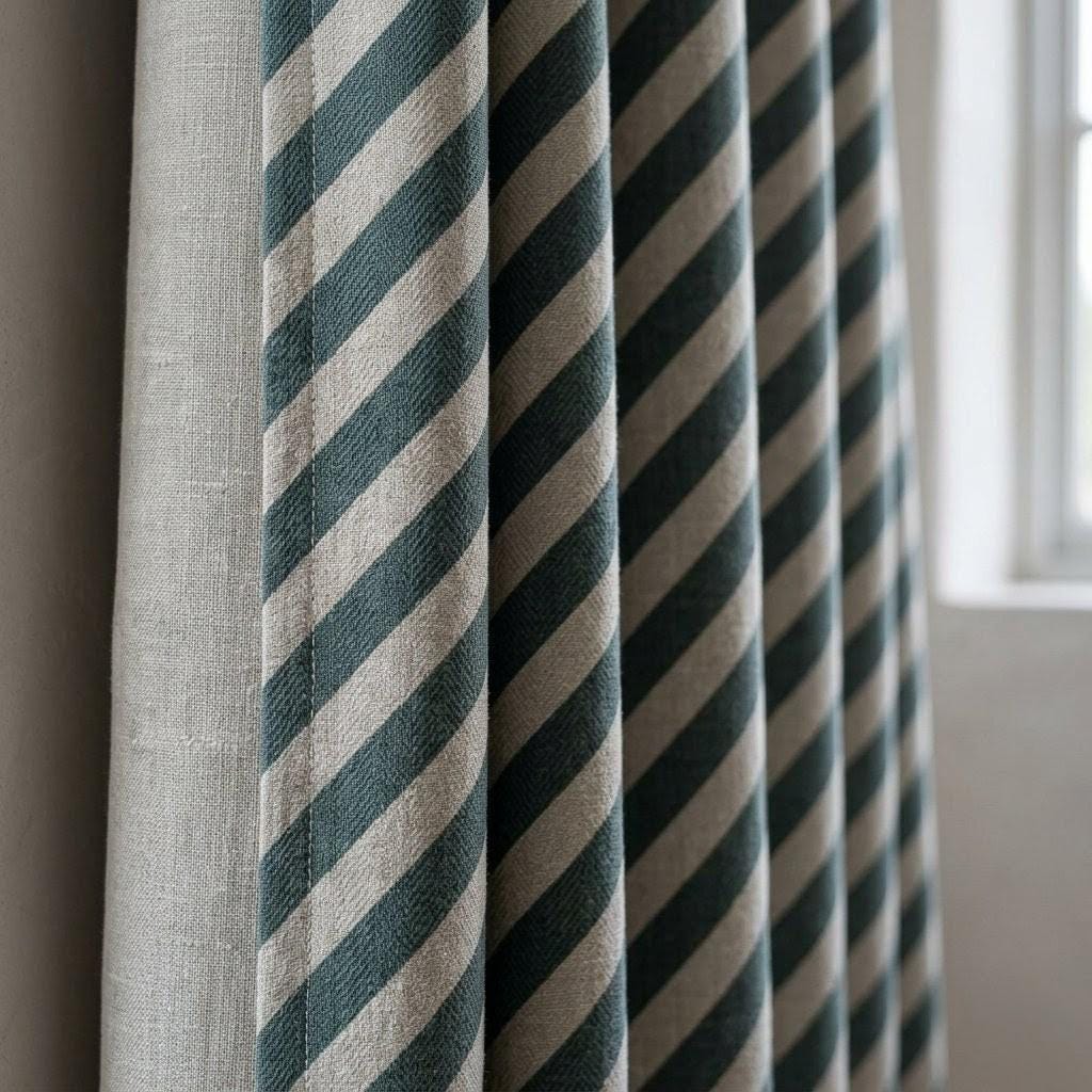Blue Green Stripe Linen Curtains, Heavy Pure Linen Drapes, Slate Teal Diagonal Striped Blackout or Cotton Lined Curtain — image 1
