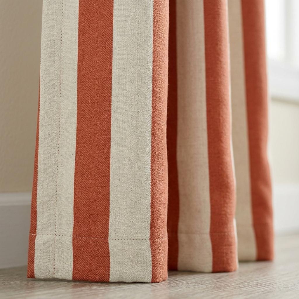 Terracotta Stripe Linen Curtains, Heavy Pure Linen Drapes, Rust Orange Vertical Striped Blackout or Cotton Lined Curtain — image 1