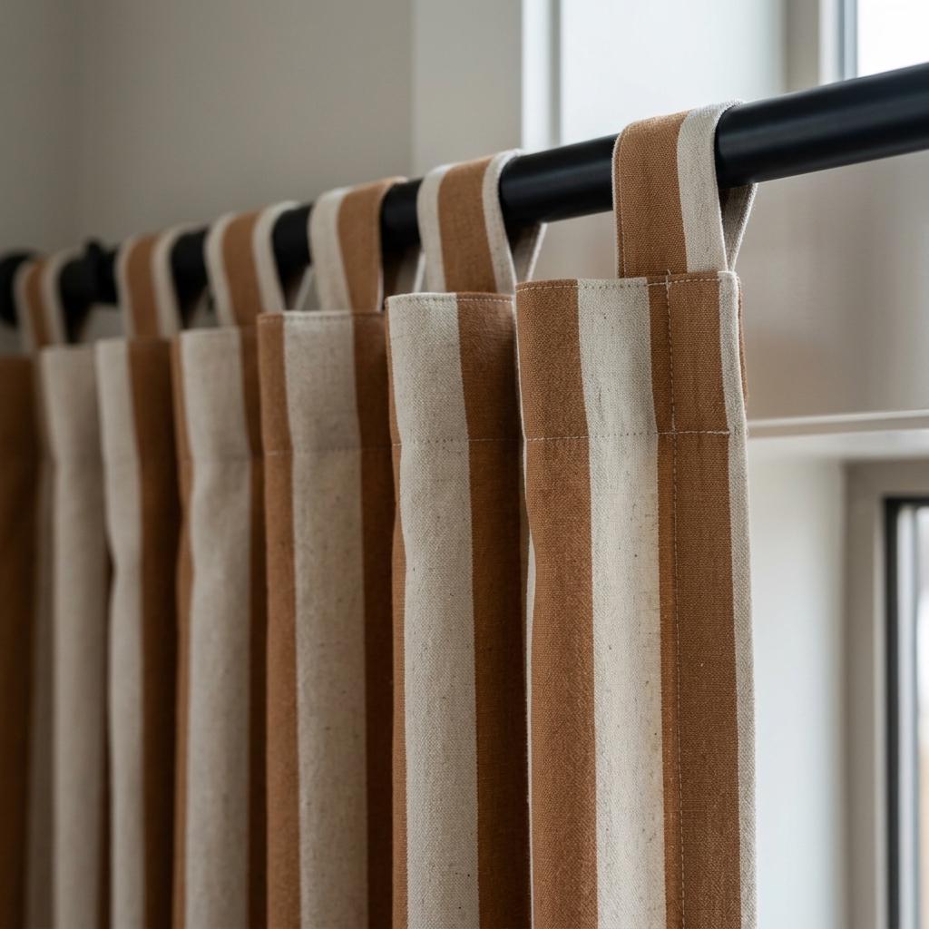 Camel Brown Stripe Linen Curtains, Heavy Pure Linen Drapes, Tan Vertical Striped Blackout or Cotton Lined Custom Curtain — image 1