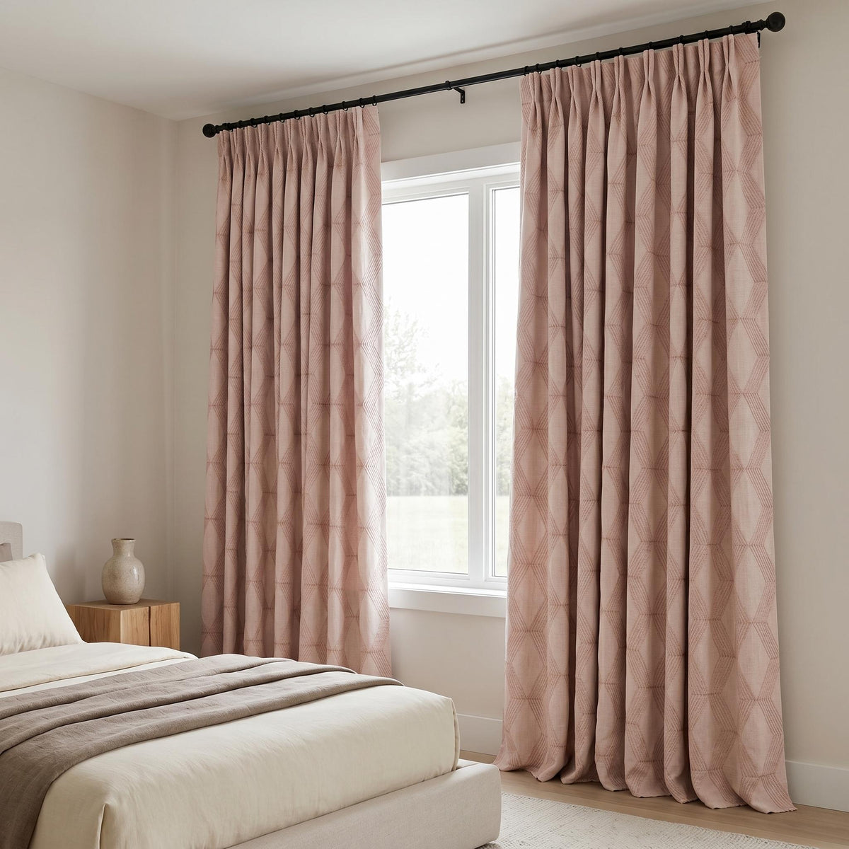 Light Pink Linen Curtains, Dusty Pink Geometric Cube Embroidered Drapes, Heavy Linen Blackout Custom Panels — image 8