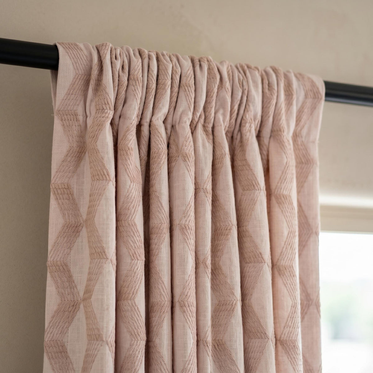 Light Pink Linen Curtains, Dusty Pink Geometric Cube Embroidered Drapes, Heavy Linen Blackout Custom Panels — image 7