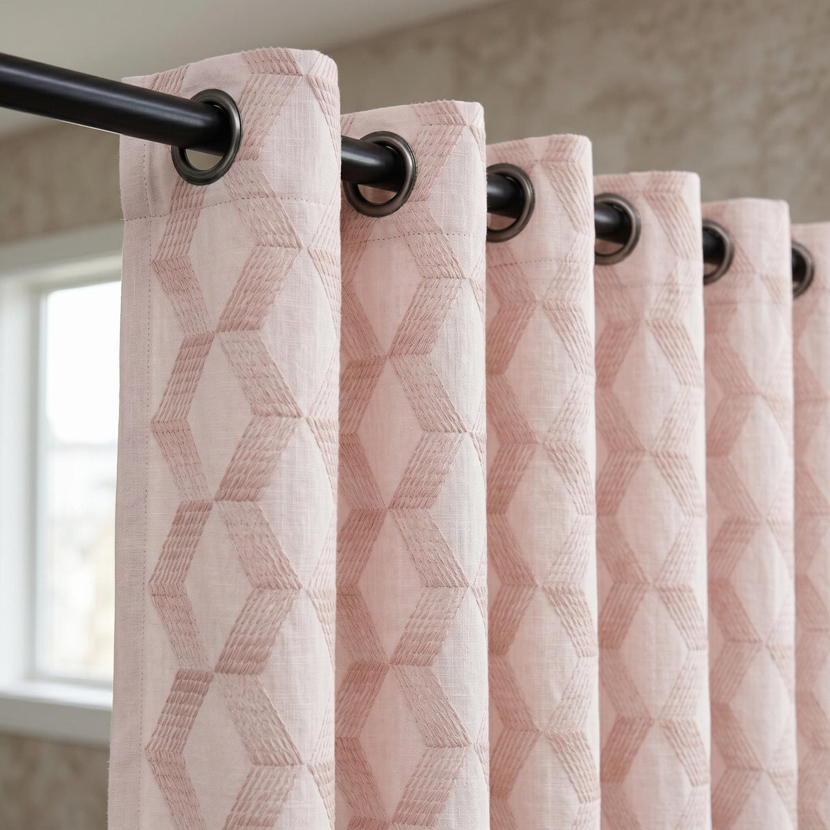 Light Pink Linen Curtains, Dusty Pink Geometric Cube Embroidered Drapes, Heavy Linen Blackout Custom Panels — image 10