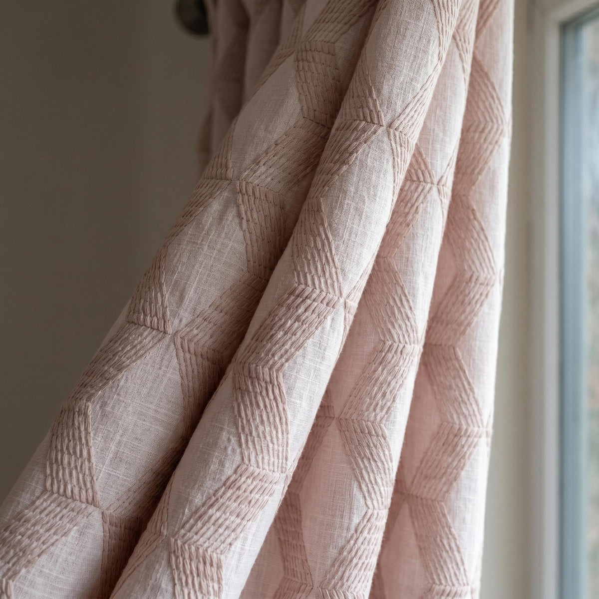 Light Pink Linen Curtains, Dusty Pink Geometric Cube Embroidered Drapes, Heavy Linen Blackout Custom Panels — image 9