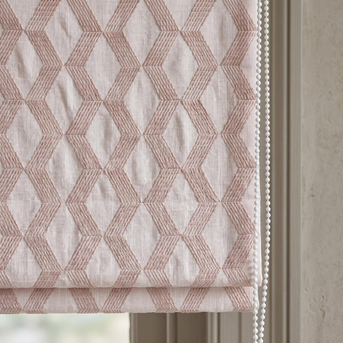 Light Pink Linen Roman Shade, Dusty Pink Embroidered Geometric Blind, Custom Corded Blackout or Cotton Lined Window Shade — image 9