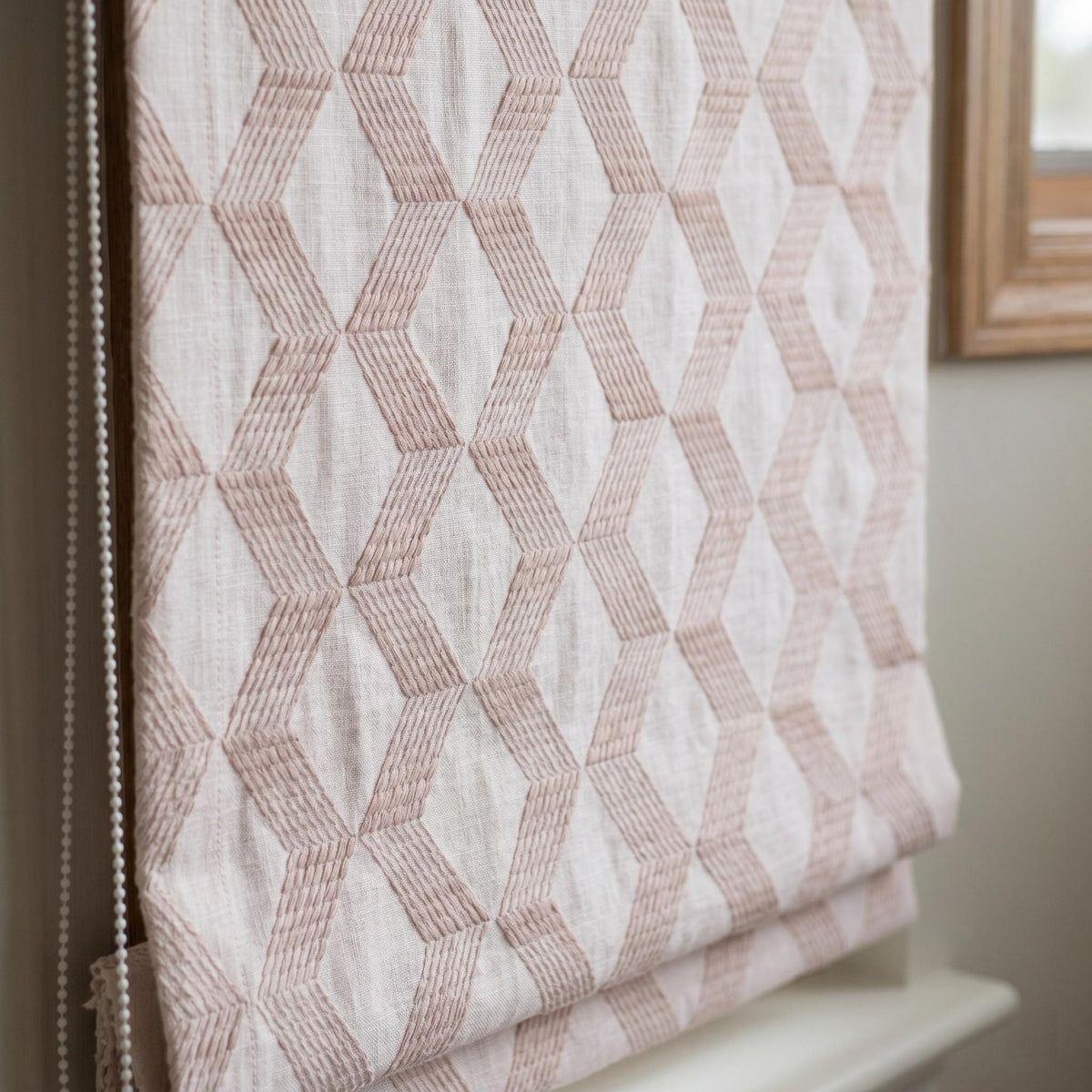 Light Pink Linen Roman Shade, Dusty Pink Embroidered Geometric Blind, Custom Corded Blackout or Cotton Lined Window Shade — image 5