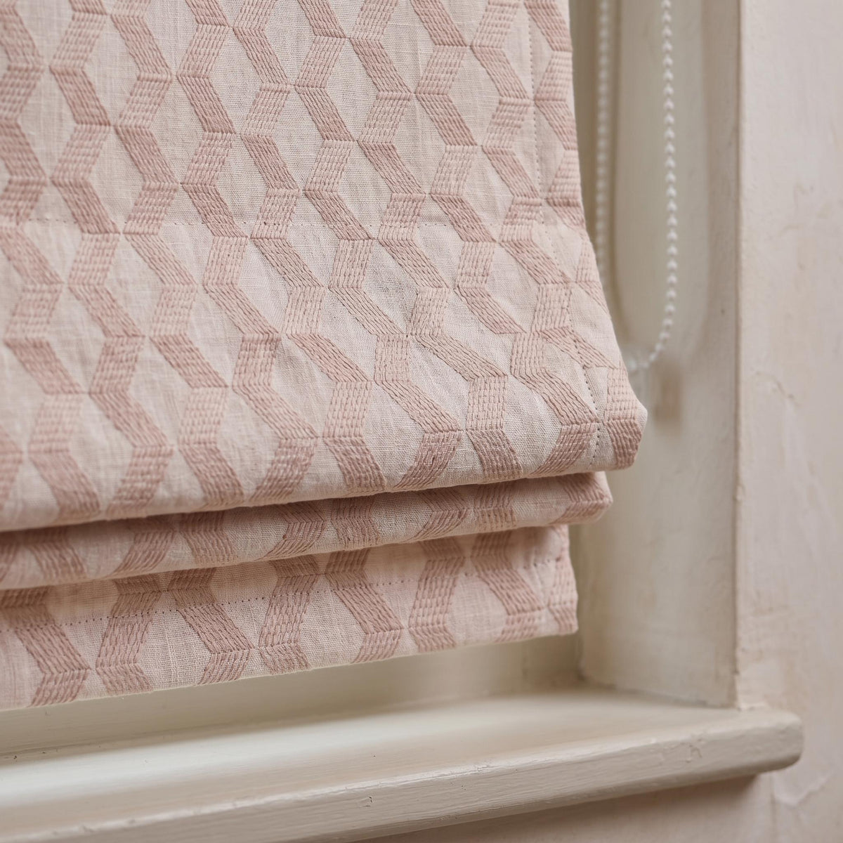 Light Pink Linen Roman Shade, Dusty Pink Embroidered Geometric Blind, Custom Corded Blackout or Cotton Lined Window Shade — image 8