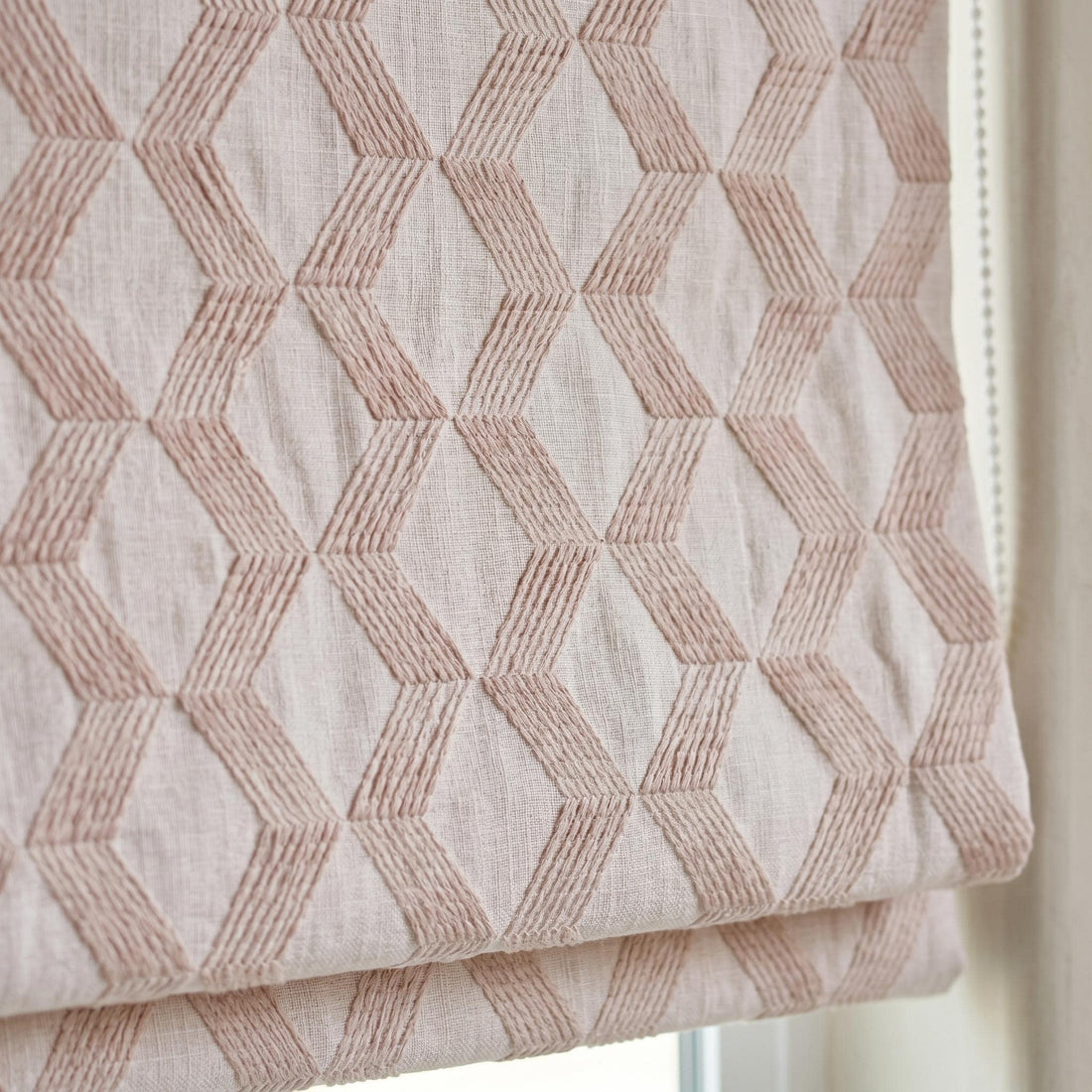 Light Pink Linen Roman Shade, Dusty Pink Embroidered Geometric Blind, Custom Corded Blackout or Cotton Lined Window Shade — image 1