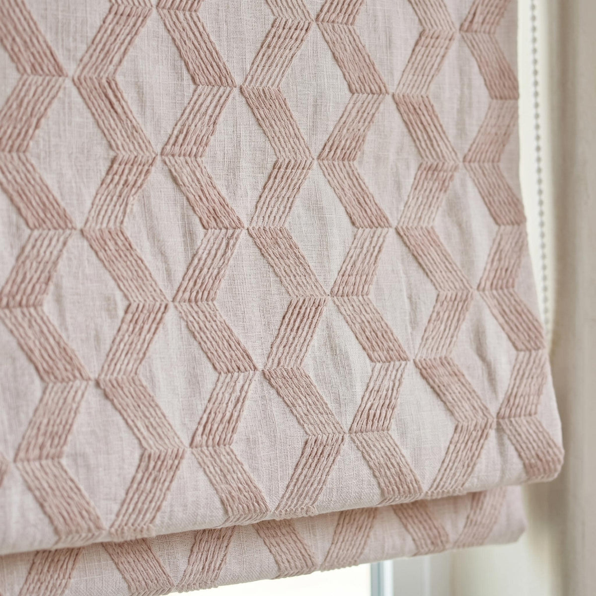 Light Pink Linen Roman Shade, Dusty Pink Embroidered Geometric Blind, Custom Corded Blackout or Cotton Lined Window Shade — image 1