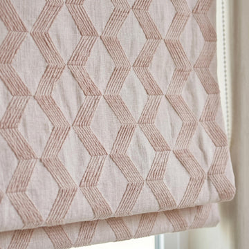 Light Pink Linen Roman Shade, Dusty Pink Embroidered Geometric Blind, Custom Corded Blackout or Cotton Lined Window Shade — image 1