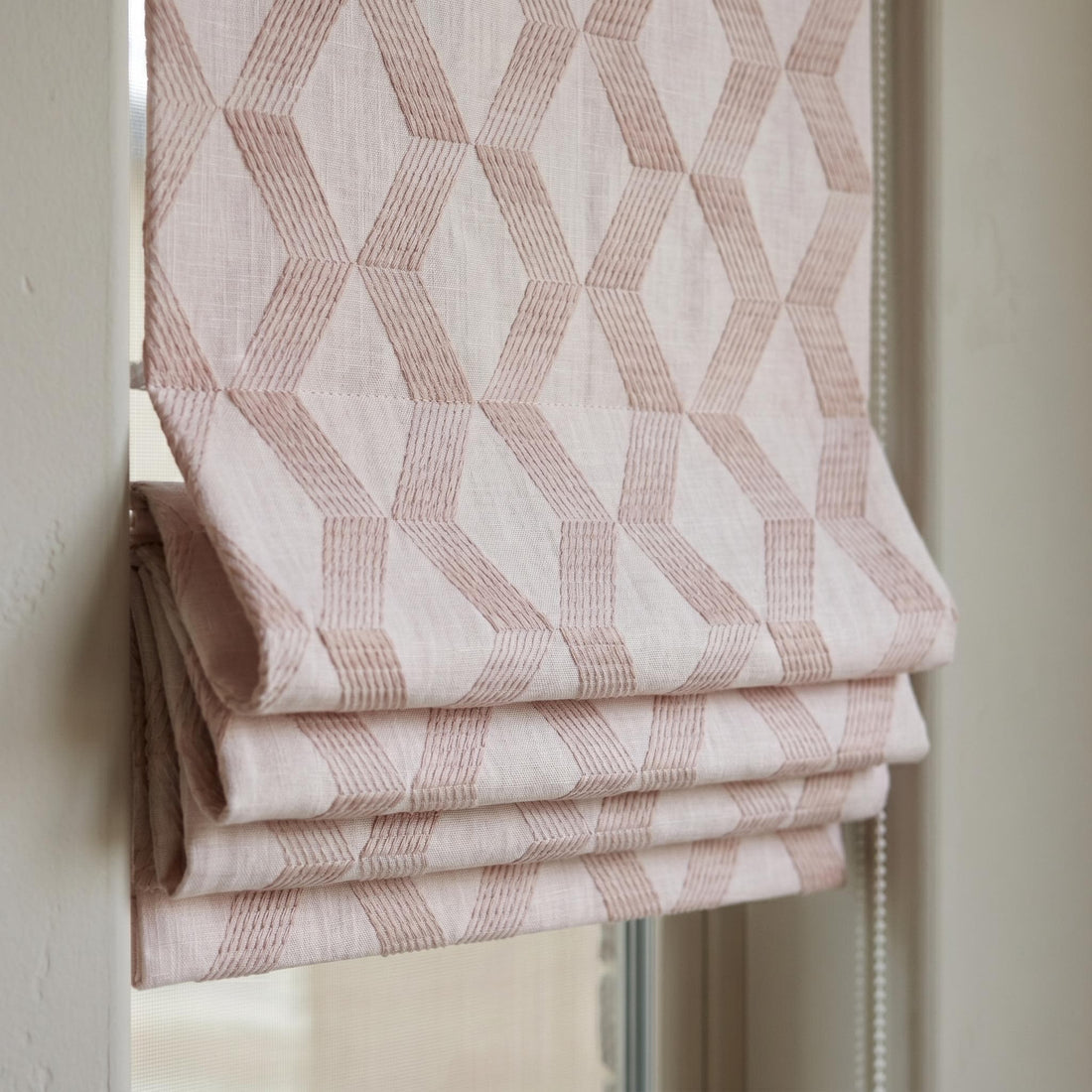 Light Pink Linen Roman Shade, Dusty Pink Embroidered Geometric Blind, Custom Corded Blackout or Cotton Lined Window Shade — image 1