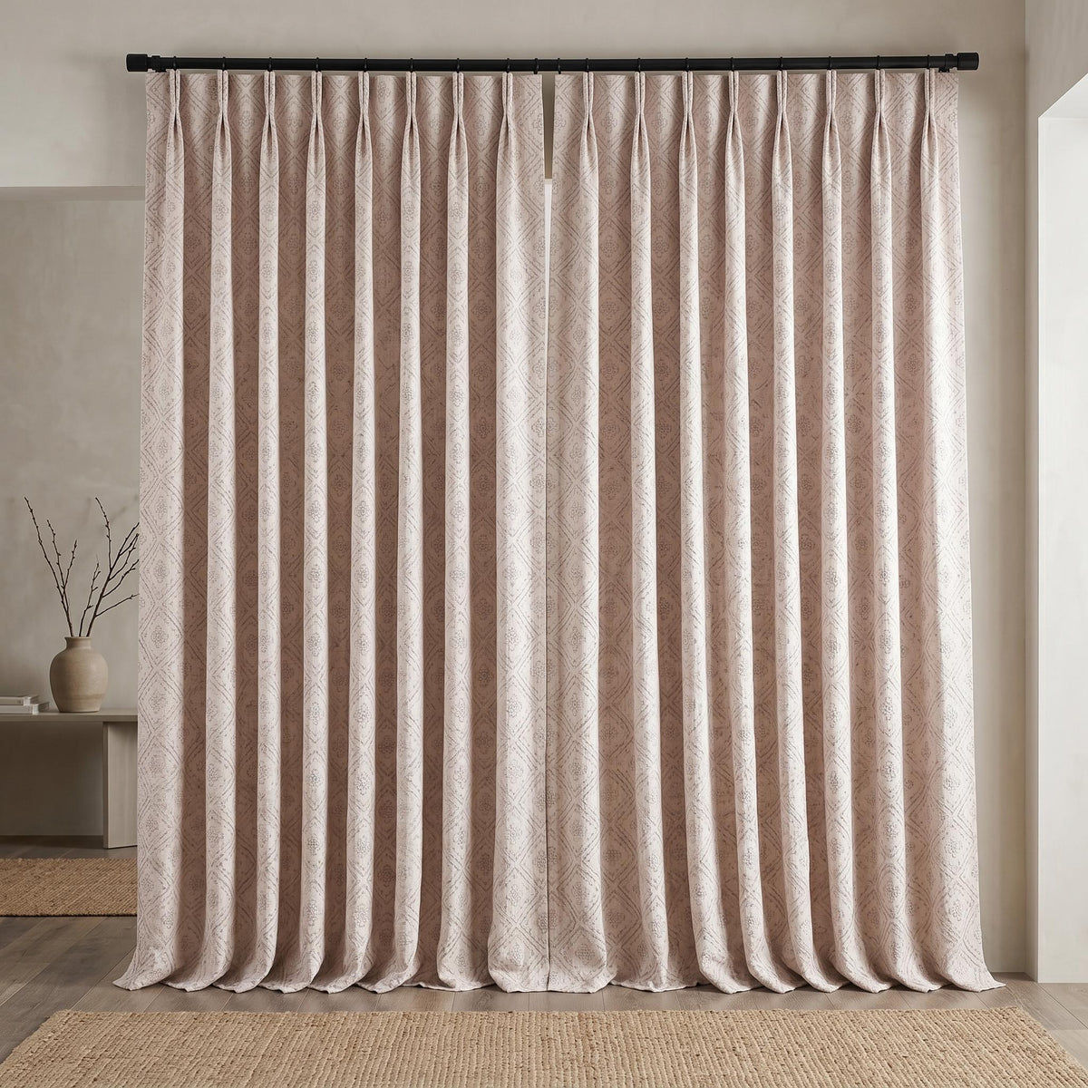 Light Pink Linen Curtains, Dusty Grey Diamond Trellis Embroidered Drapes, Heavy Linen Blackout Custom Panels — image 9