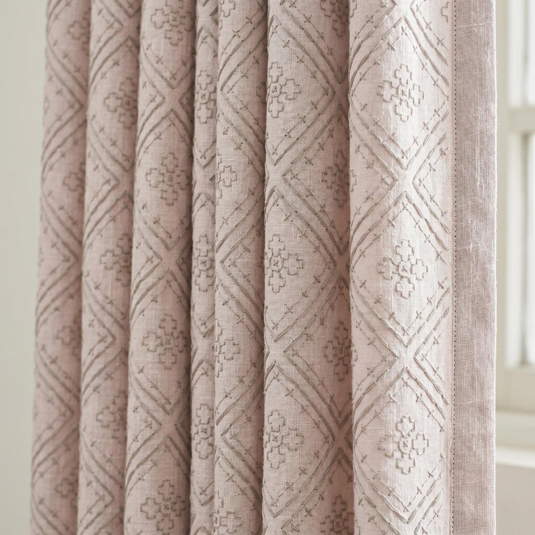 Light Pink Linen Curtains, Dusty Grey Diamond Trellis Embroidered Drapes, Heavy Linen Blackout Custom Panels — image 1