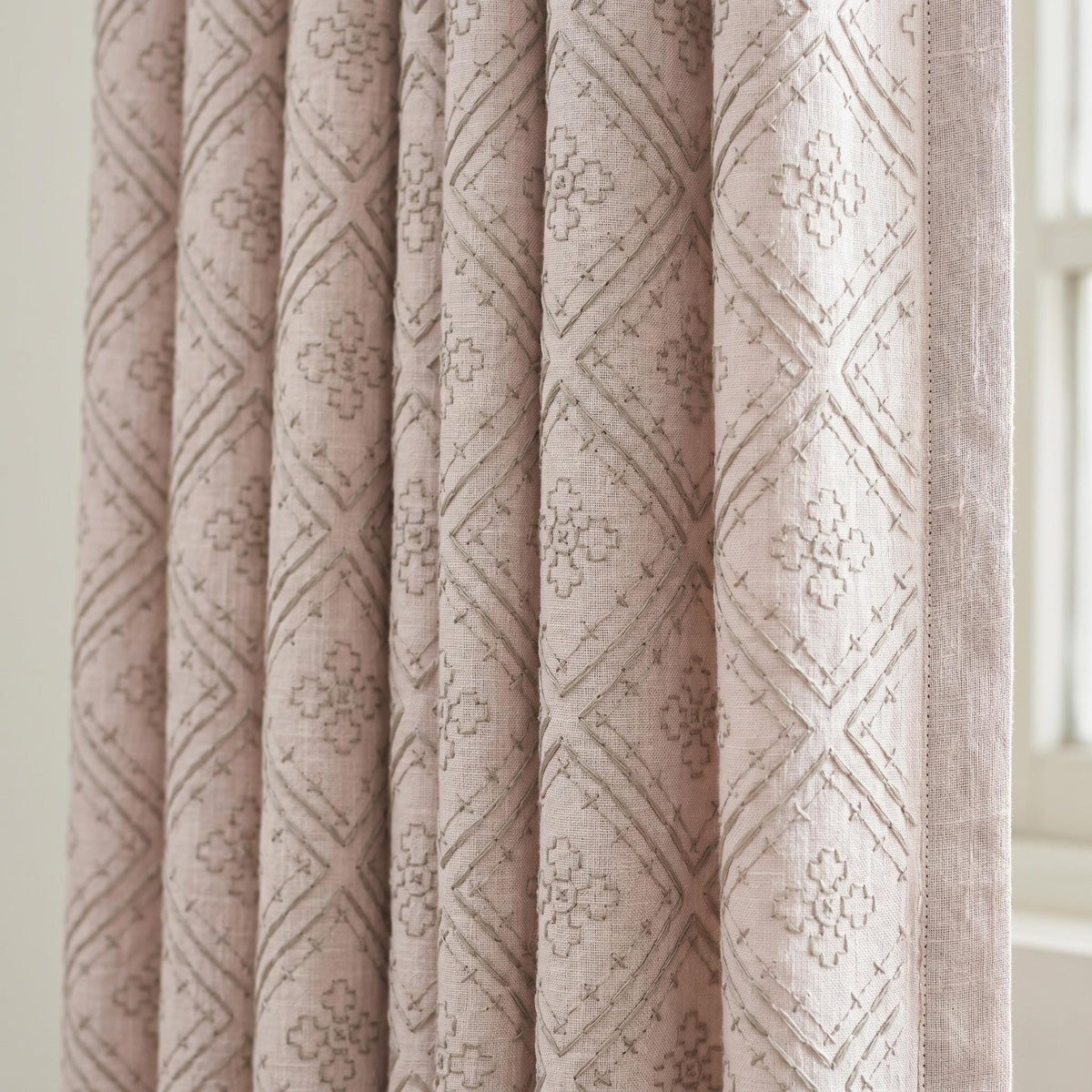 Light Pink Linen Curtains, Dusty Grey Diamond Trellis Embroidered Drapes, Heavy Linen Blackout Custom Panels — image 2