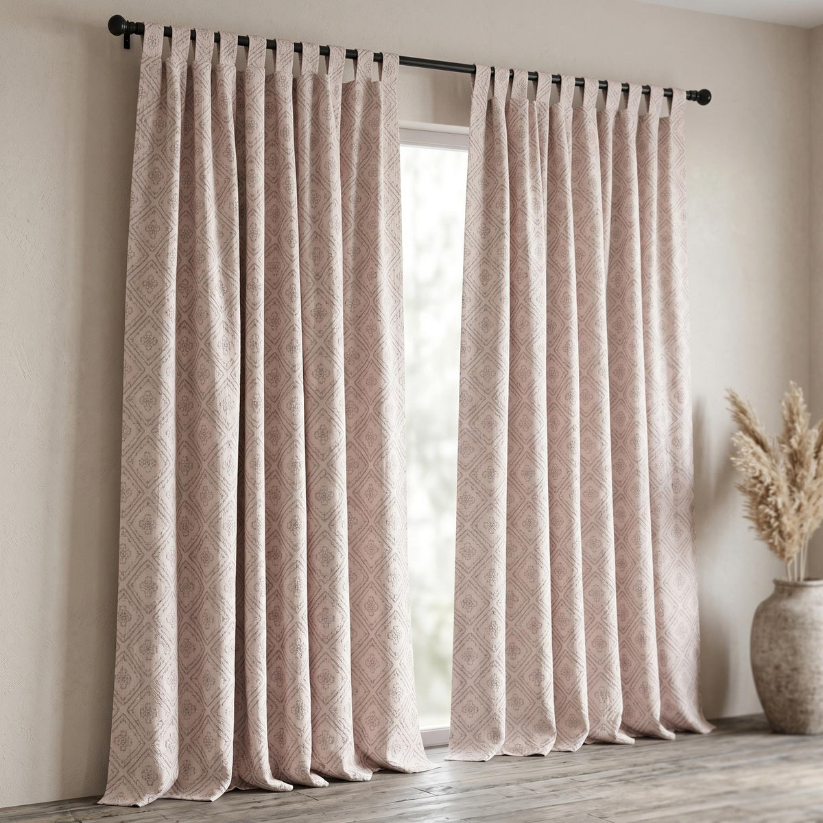 Light Pink Linen Curtains, Dusty Grey Diamond Trellis Embroidered Drapes, Heavy Linen Blackout Custom Panels — image 5