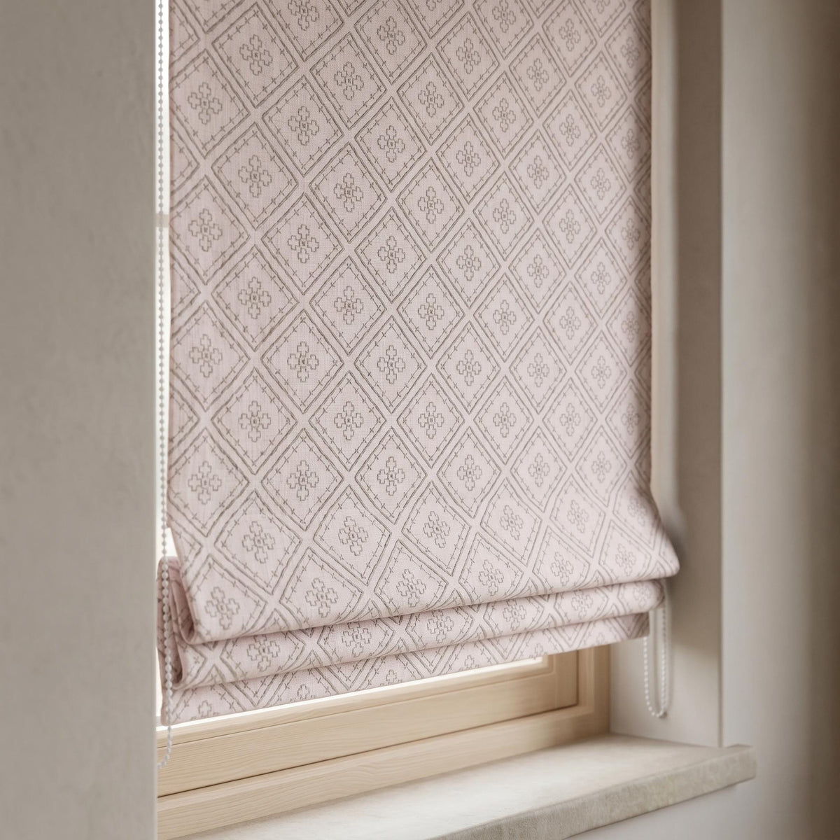 Light Pink Linen Roman Shade, Dusty Gray Embroidered Diamond Blind, Custom Corded Blackout or Cotton Lined Window Shade — image 8