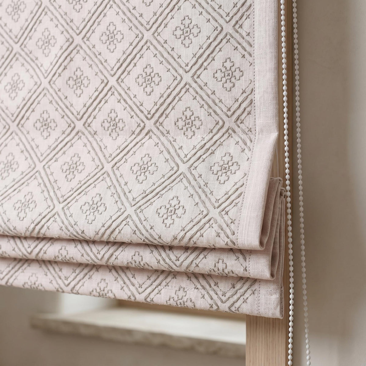 Light Pink Linen Roman Shade, Dusty Gray Embroidered Diamond Blind, Custom Corded Blackout or Cotton Lined Window Shade — image 9