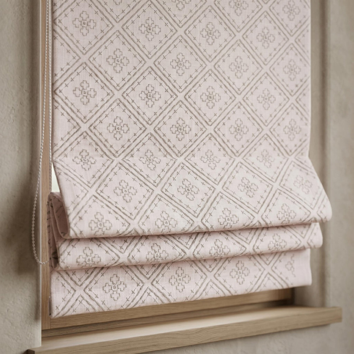 Light Pink Linen Roman Shade, Dusty Gray Embroidered Diamond Blind, Custom Corded Blackout or Cotton Lined Window Shade — image 4
