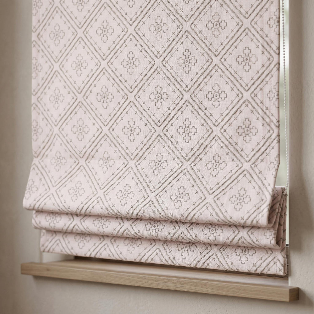 Light Pink Linen Roman Shade, Dusty Gray Embroidered Diamond Blind, Custom Corded Blackout or Cotton Lined Window Shade — image 1