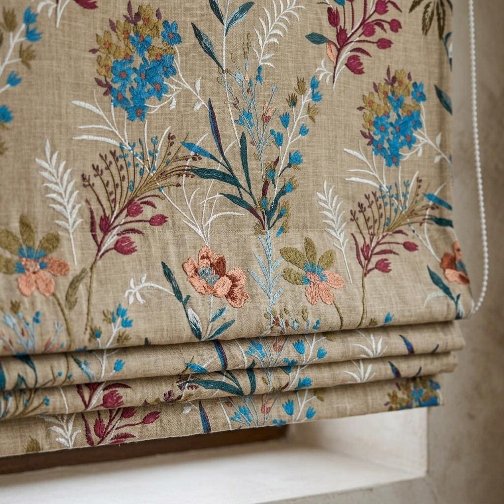 Embroidered Linen Roman Shade, Beige Wildflower Botanical Blind, Custom Corded Window Shade, Blackout or Cotton Lined — image 1
