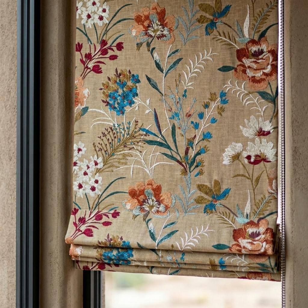 Embroidered Linen Roman Shade, Beige Wildflower Botanical Blind, Custom Corded Window Shade, Blackout or Cotton Lined — image 4