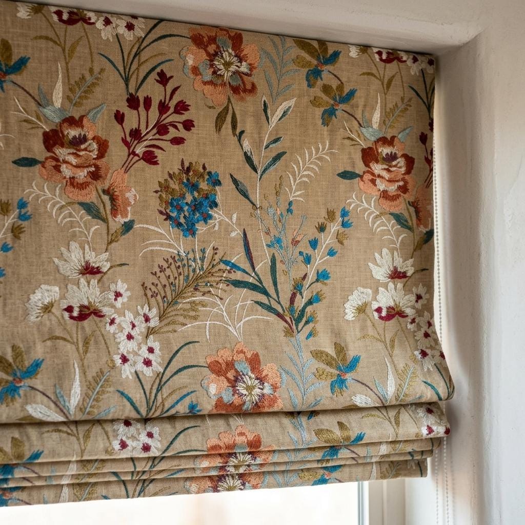 Embroidered Linen Roman Shade, Beige Wildflower Botanical Blind, Custom Corded Window Shade, Blackout or Cotton Lined — image 6