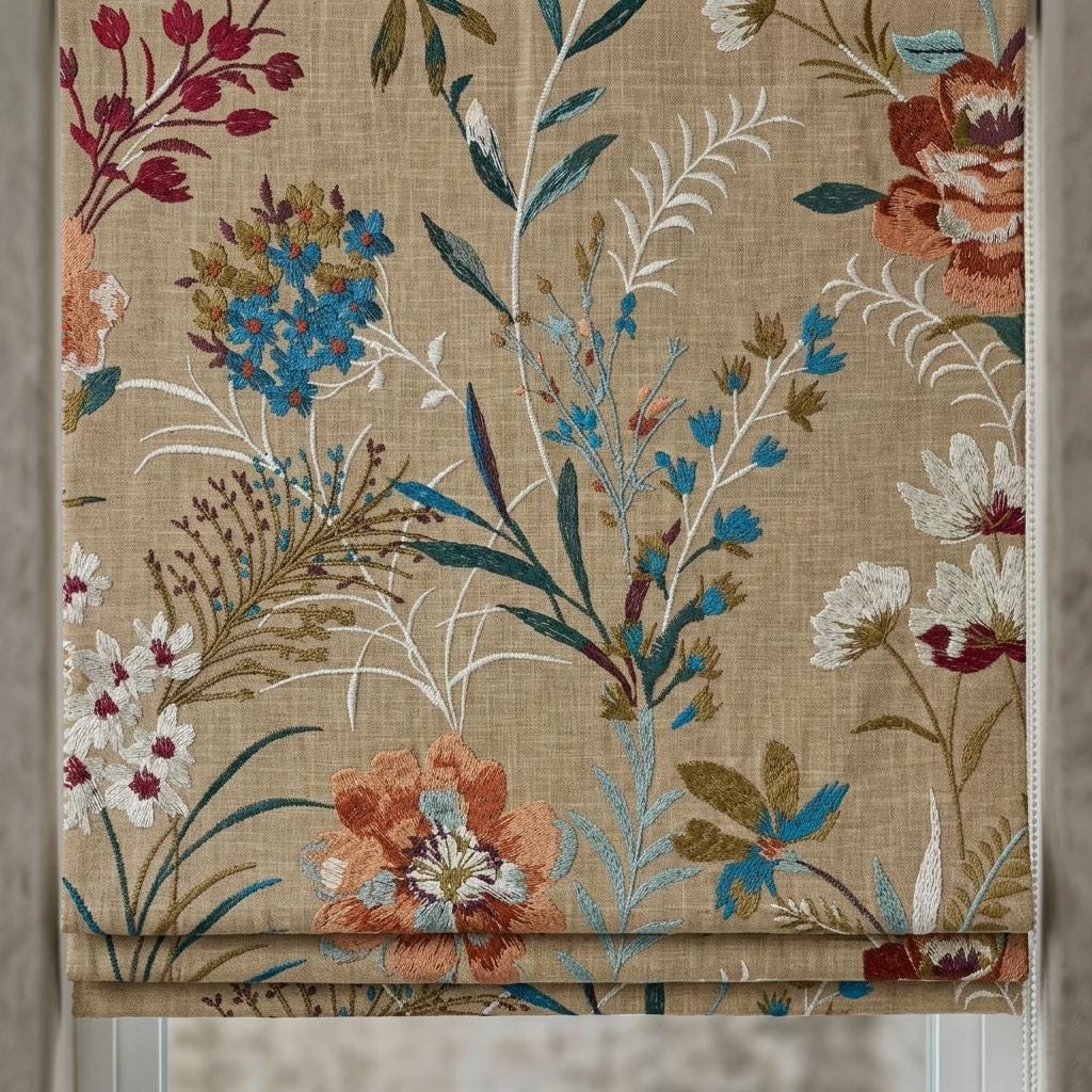 Embroidered Linen Roman Shade, Beige Wildflower Botanical Blind, Custom Corded Window Shade, Blackout or Cotton Lined — image 7