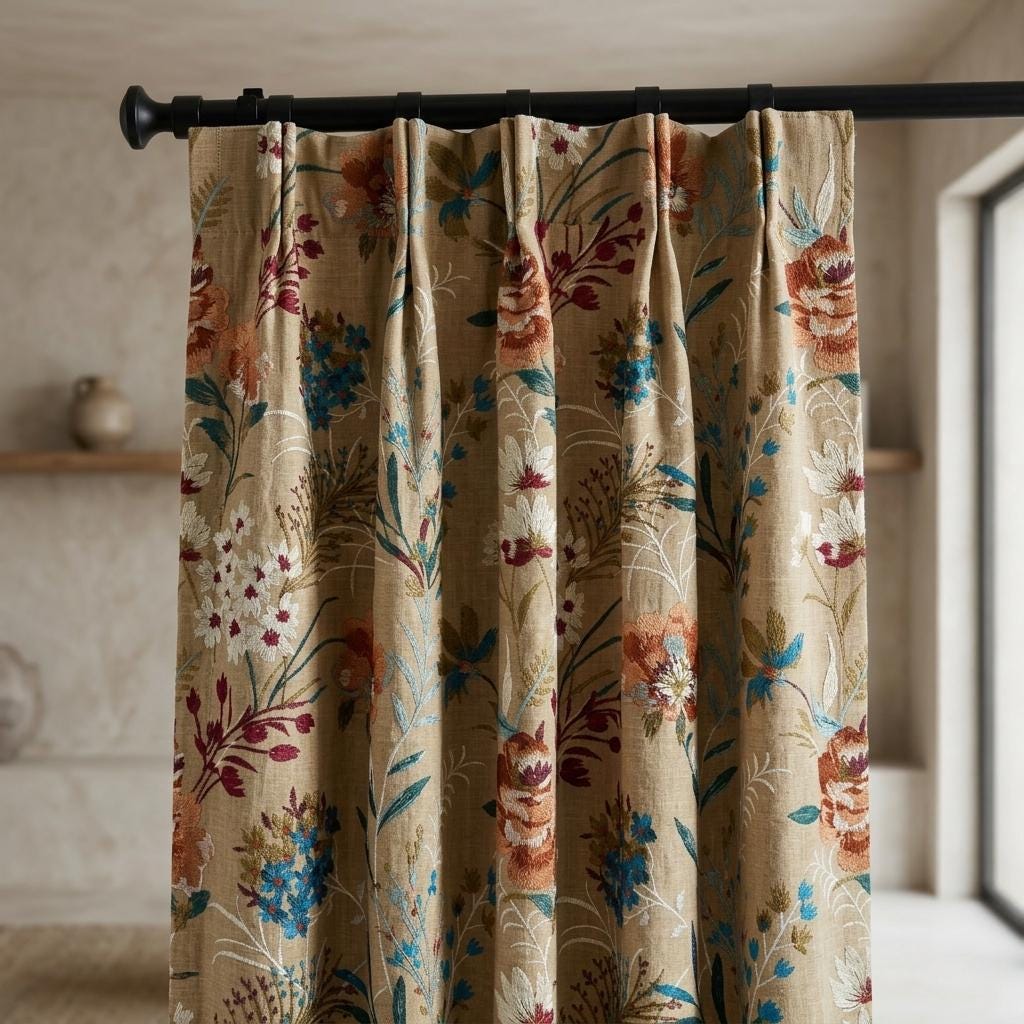 Custom Natural Tan Linen Curtains, Colorful Wildflower Embroidered Drapes, Botanical Floral Blackout or Cotton Lined Panels — image 9
