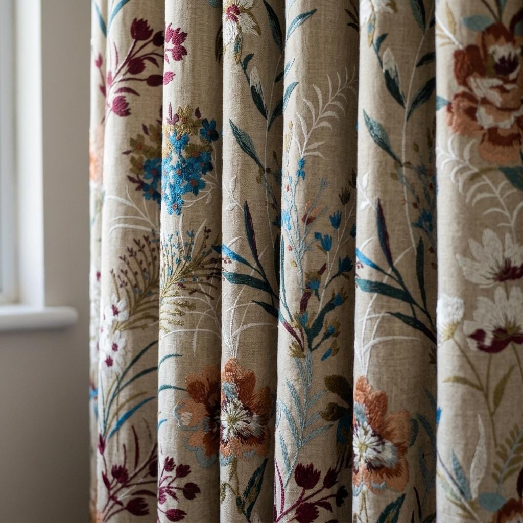 Custom Natural Tan Linen Curtains, Colorful Wildflower Embroidered Drapes, Botanical Floral Blackout or Cotton Lined Panels — image 3