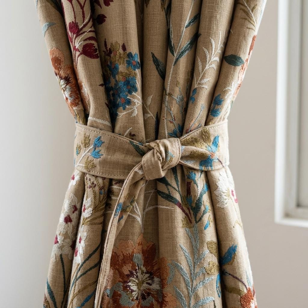 Custom Natural Tan Linen Curtains, Colorful Wildflower Embroidered Drapes, Botanical Floral Blackout or Cotton Lined Panels — image 2