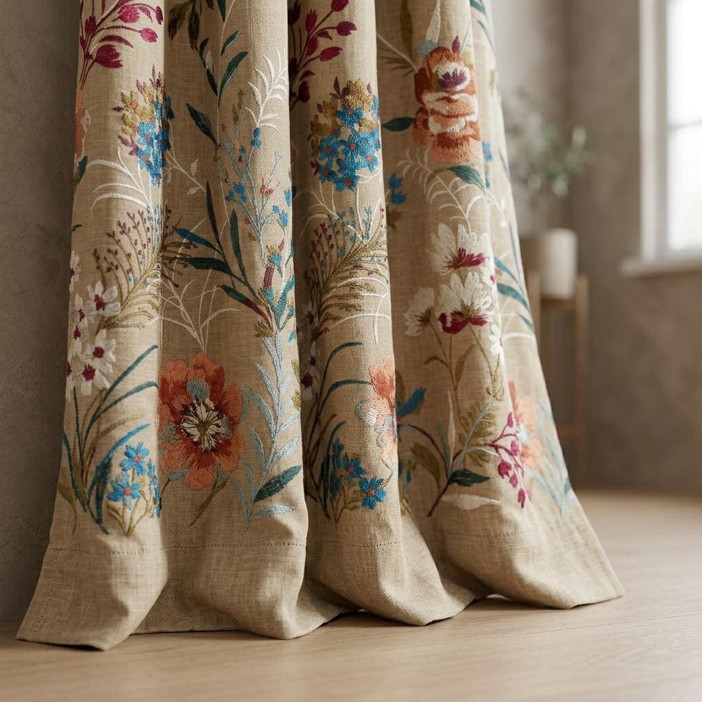 Custom Natural Tan Linen Curtains, Colorful Wildflower Embroidered Drapes, Botanical Floral Blackout or Cotton Lined Panels — image 4