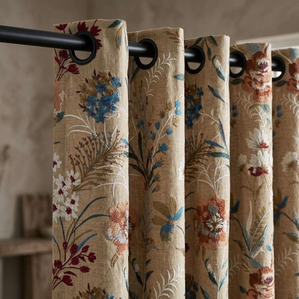Custom Natural Tan Linen Curtains, Colorful Wildflower Embroidered Drapes, Botanical Floral Blackout or Cotton Lined Panels — image 6