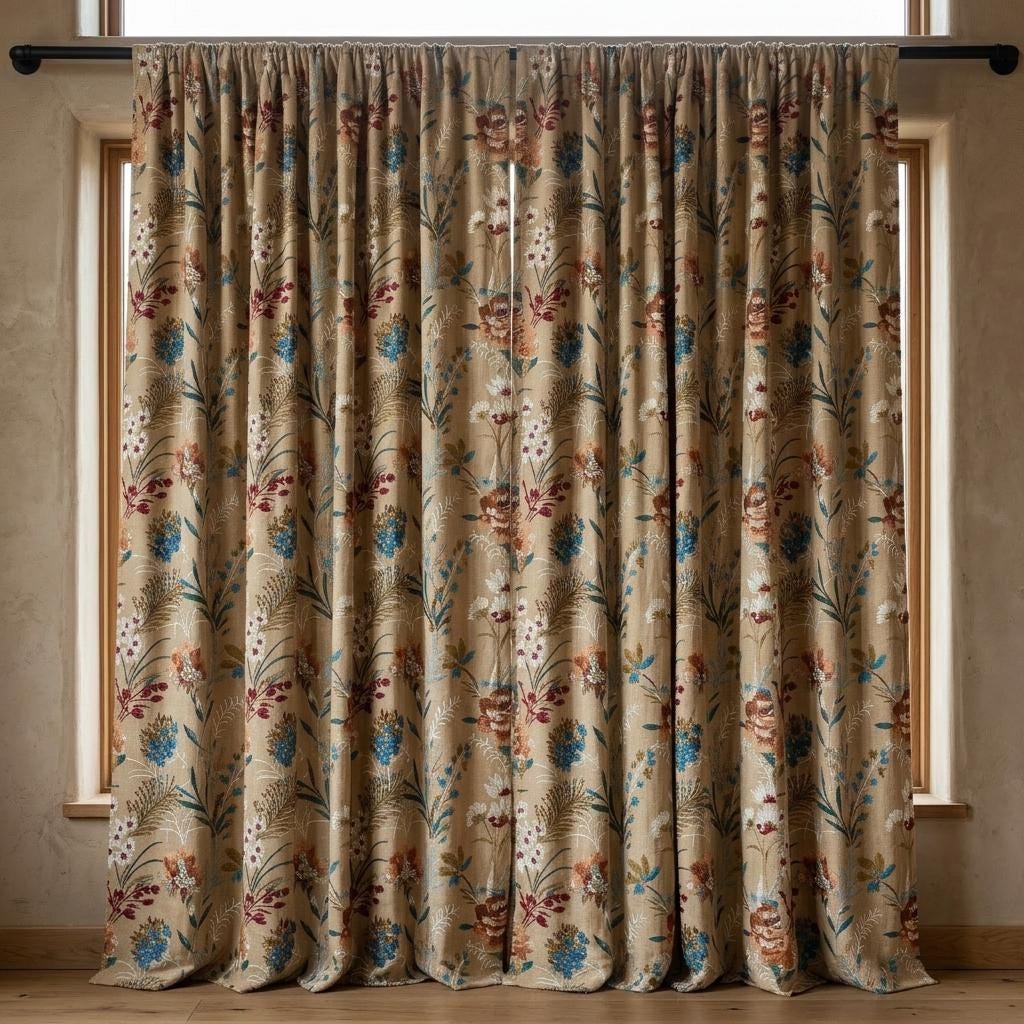 Custom Natural Tan Linen Curtains, Colorful Wildflower Embroidered Drapes, Botanical Floral Blackout or Cotton Lined Panels — image 5