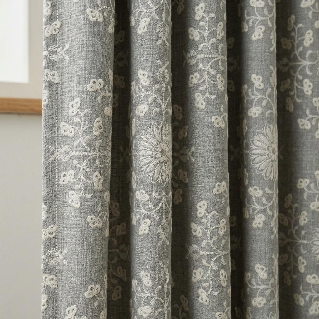 Sage Gray Linen Embroidered Curtains, Ivory Floral Medallion Drapes, Custom Blackout Farmhouse Curtain Panels — image 1