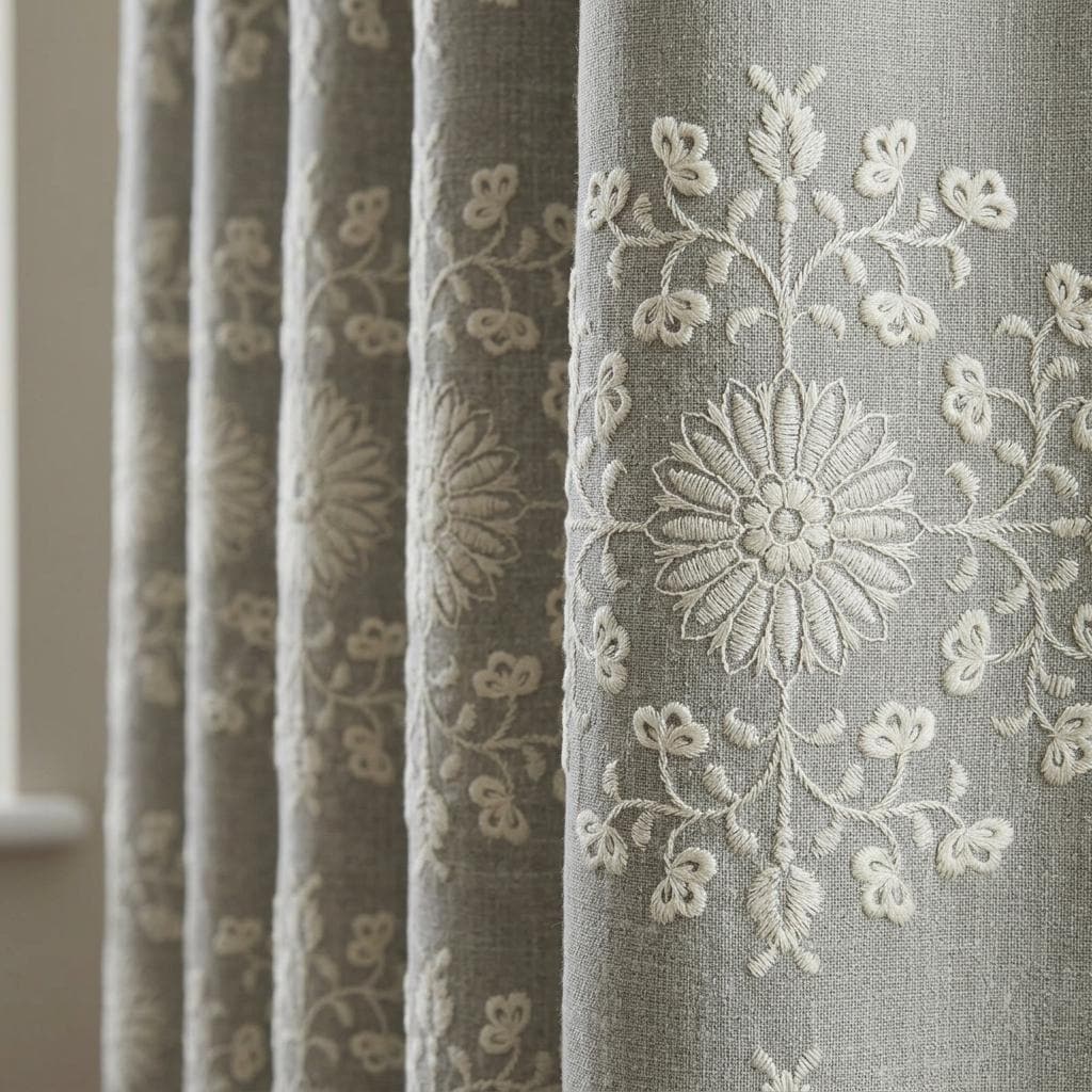 Sage Gray Linen Embroidered Curtains, Ivory Floral Medallion Drapes, Custom Blackout Farmhouse Curtain Panels — image 1