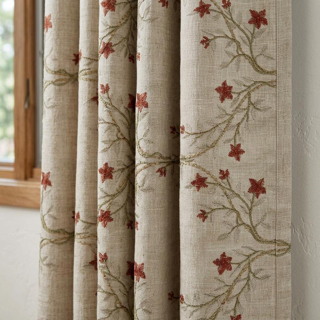 Natural Flax Linen Curtains, Rust Red Floral Vine Embroidered Drapes, Cottage Botanical Blackout or Cotton Lined Panels — image 1