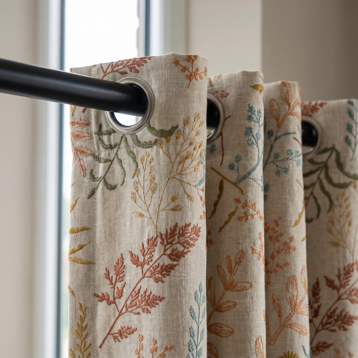 Natural Oatmeal Linen Curtains, Rust Teal Botanical Fern Embroidered Drapes, Floral Blackout or Cotton Lined Panels — image 4