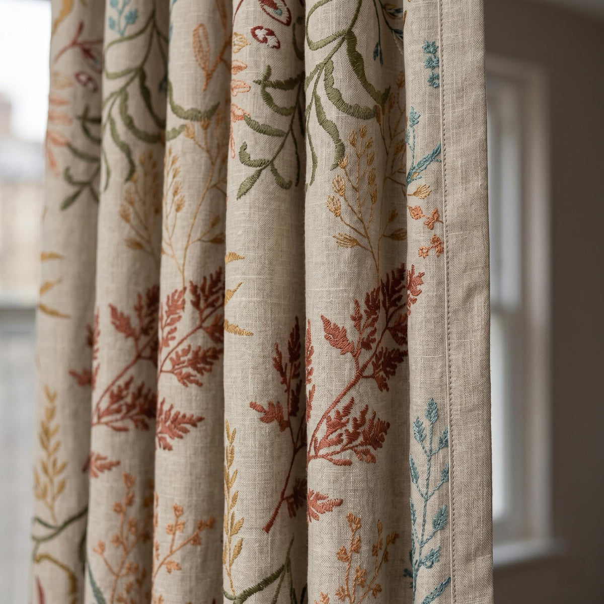 Natural Oatmeal Linen Curtains, Rust Teal Botanical Fern Embroidered Drapes, Floral Blackout or Cotton Lined Panels — image 6