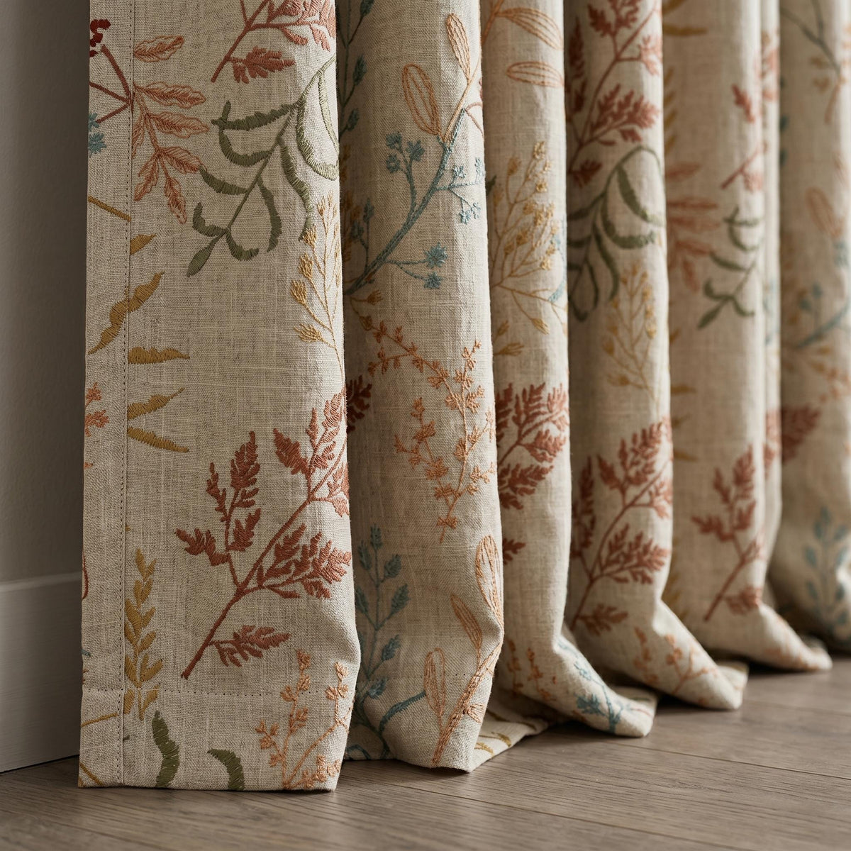 Natural Oatmeal Linen Curtains, Rust Teal Botanical Fern Embroidered Drapes, Floral Blackout or Cotton Lined Panels — image 5