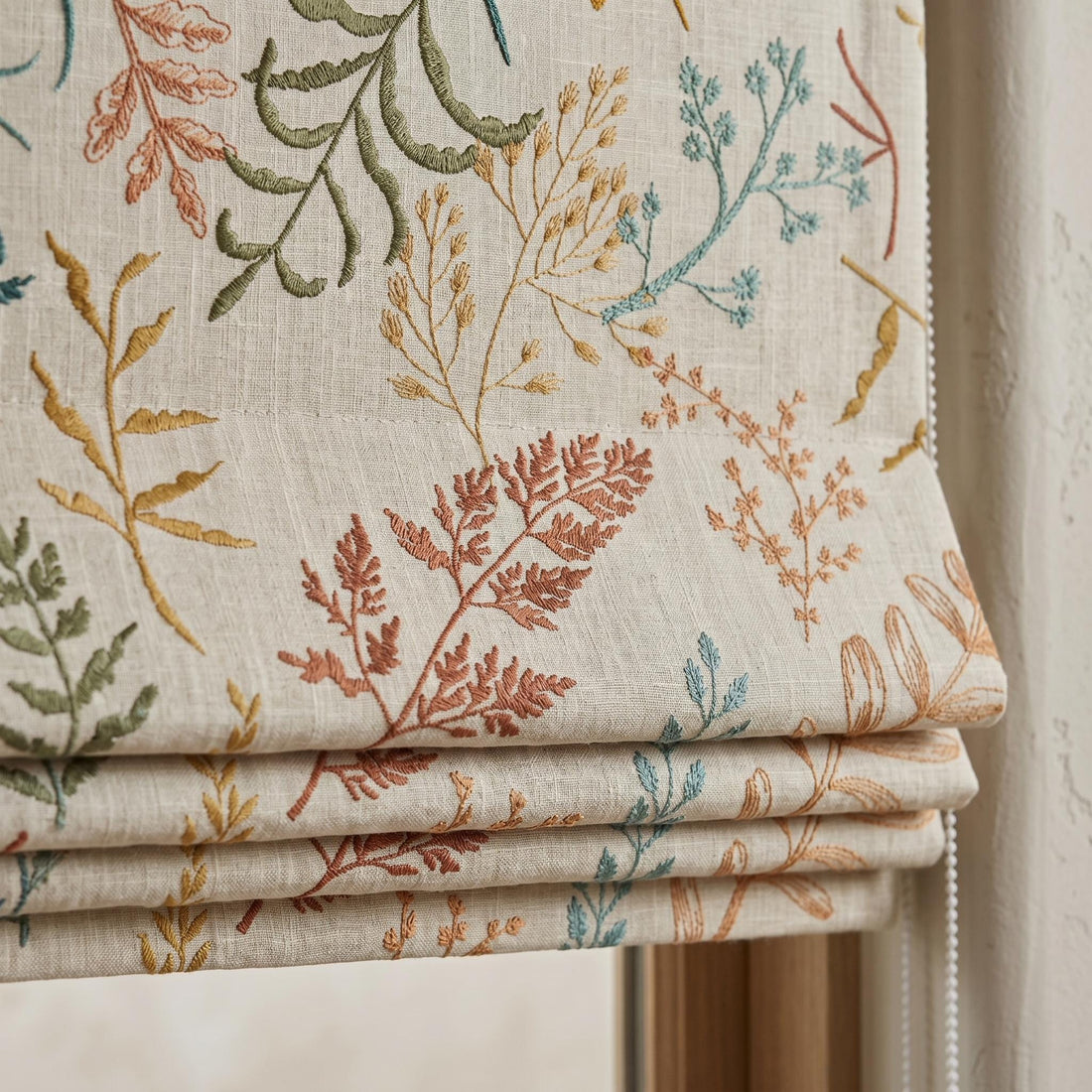 Natural Oatmeal Embroidered Linen Roman Shade, Rust Teal Botanical Leaf Roman Blind, Custom Corded Blackout Cotton Lined — image 1