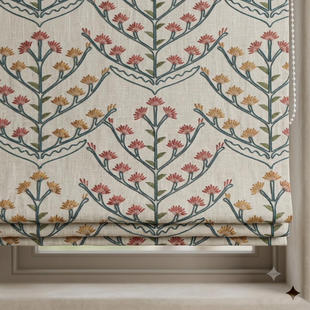 Oatmeal Linen Roman Shade, Teal Botanical Embroidered Blind, Rust Gold Floral Custom Corded Blackout Cotton Lined — image 1