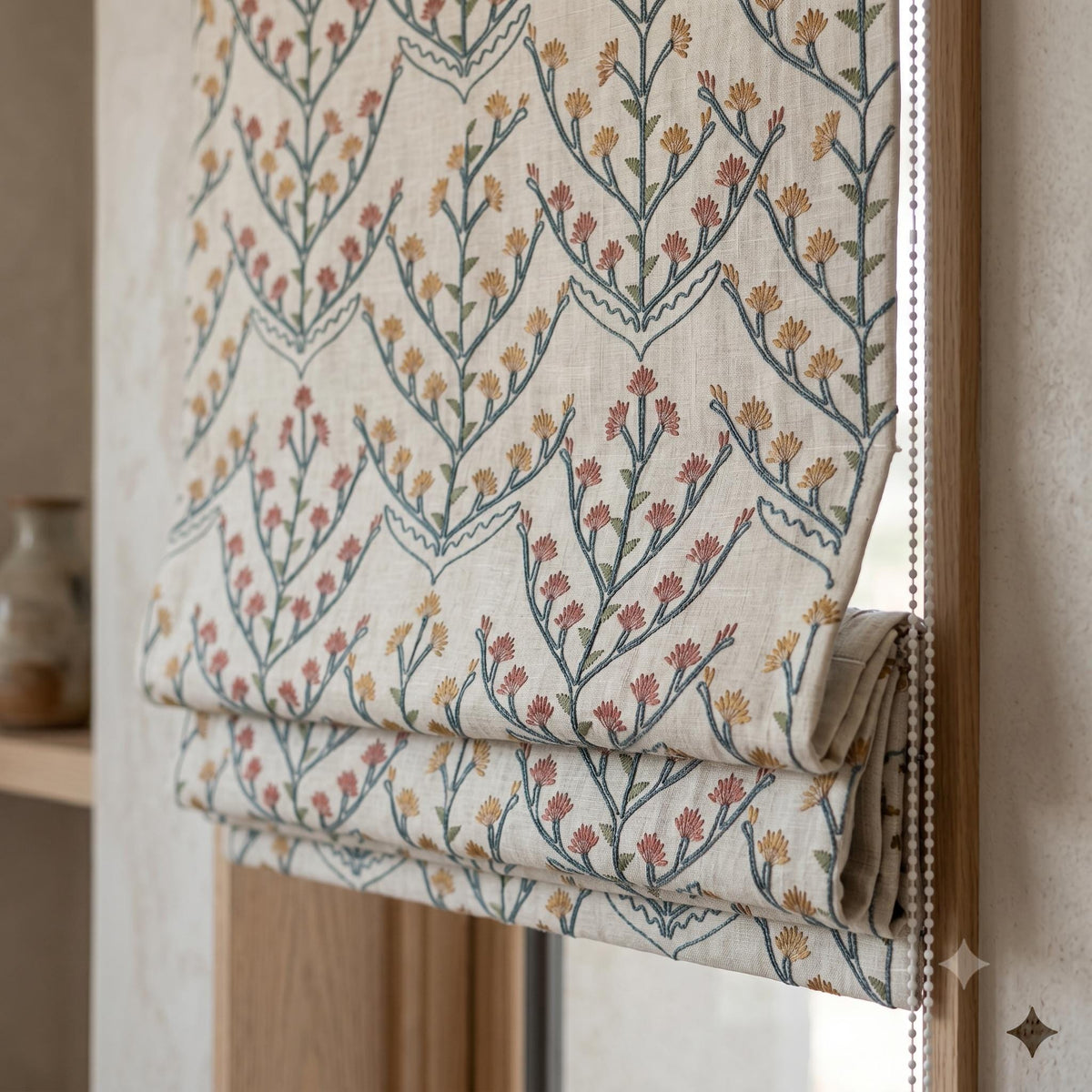 Oatmeal Linen Roman Shade, Teal Botanical Embroidered Blind, Rust Gold Floral Custom Corded Blackout Cotton Lined — image 6