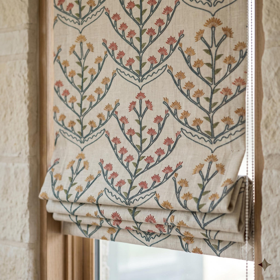 Oatmeal Linen Roman Shade, Teal Botanical Embroidered Blind, Rust Gold Floral Custom Corded Blackout Cotton Lined — image 1