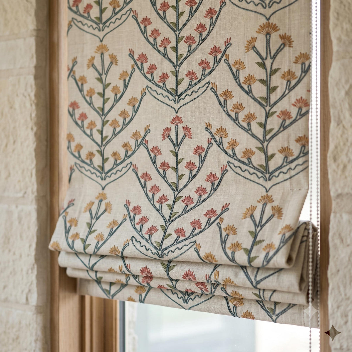 Oatmeal Linen Roman Shade, Teal Botanical Embroidered Blind, Rust Gold Floral Custom Corded Blackout Cotton Lined — image 1