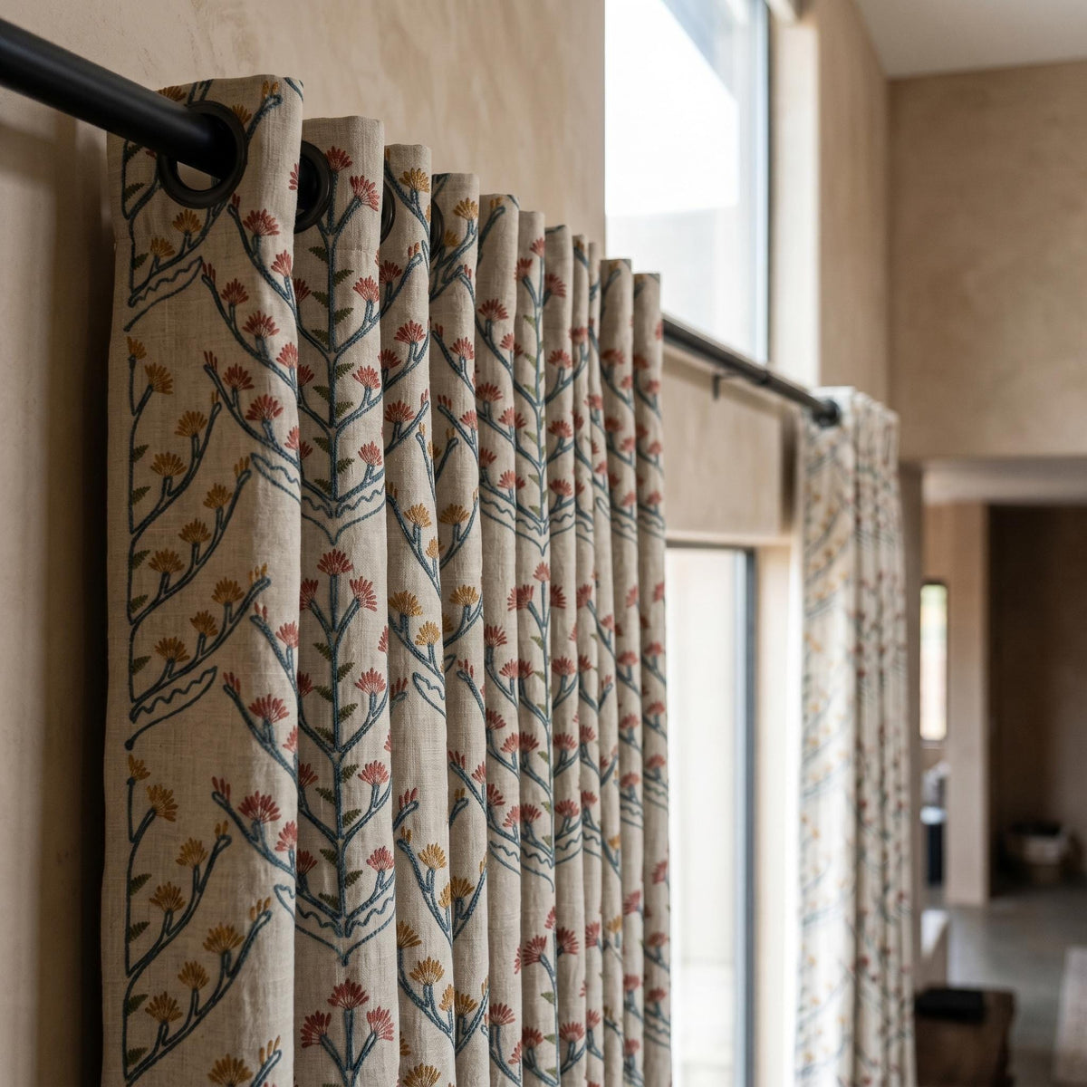 Oatmeal Linen Curtains, Teal Coral Floral Embroidered Drapes, Botanical Blackout or Cotton Lined Custom Panels — image 6