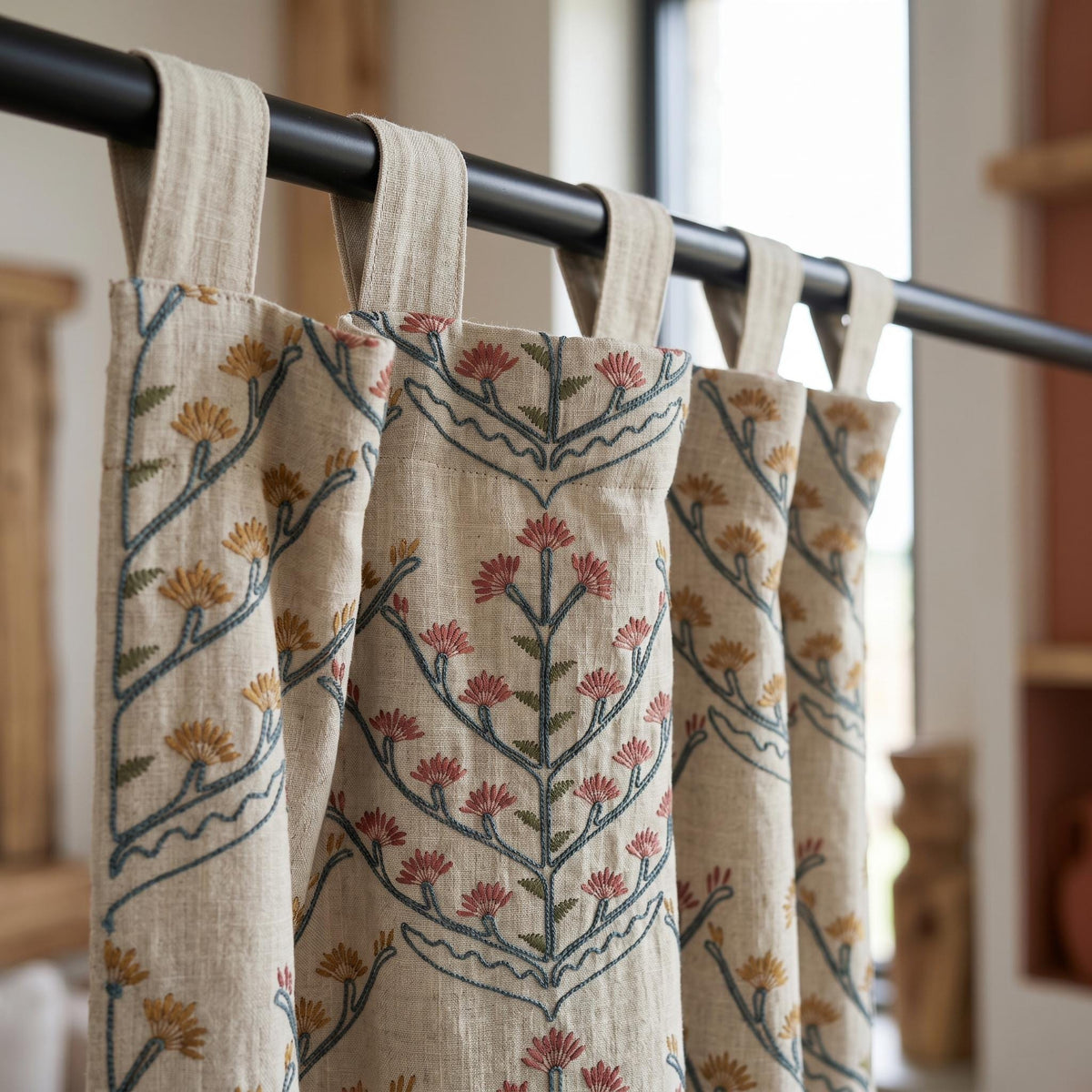 Oatmeal Linen Curtains, Teal Coral Floral Embroidered Drapes, Botanical Blackout or Cotton Lined Custom Panels — image 3