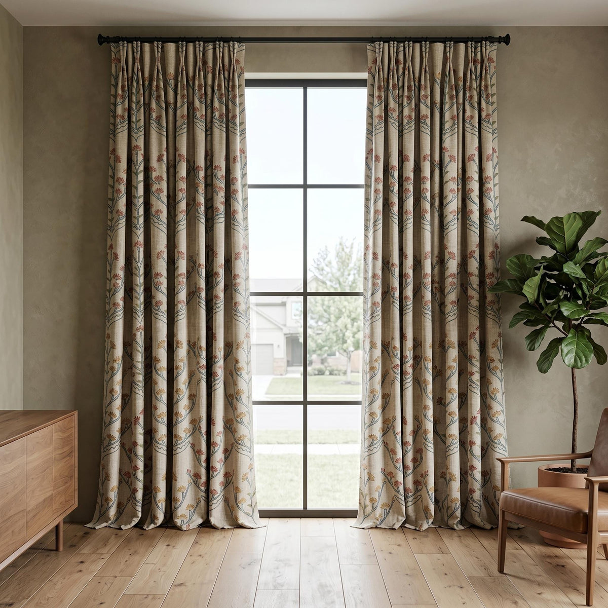 Oatmeal Linen Curtains, Teal Coral Floral Embroidered Drapes, Botanical Blackout or Cotton Lined Custom Panels — image 7